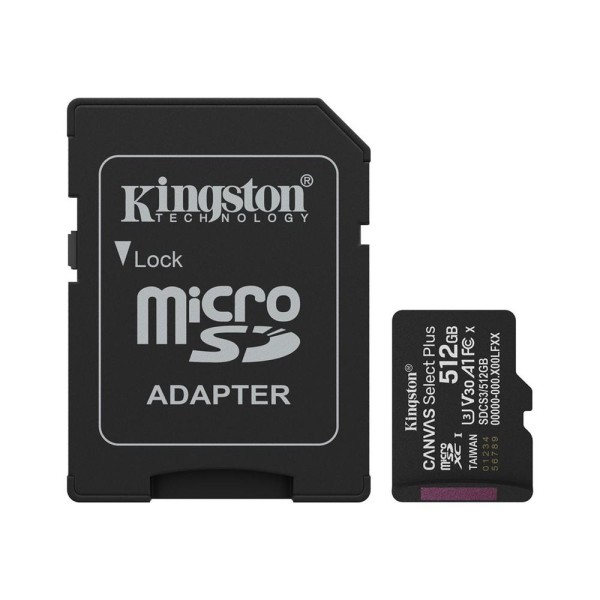 Tarjeta memoria micro secure digital sdxc 512gb kingston canvas select plus clase 10 uhs - 1 + adaptador sd