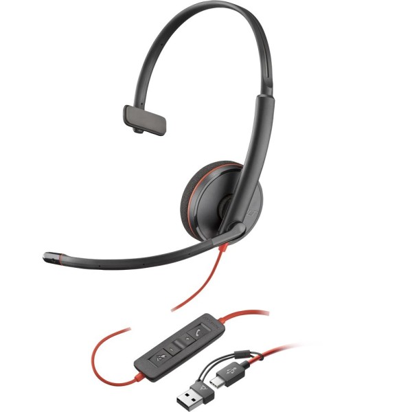 Auriculares poly blackwire 3210 monaural usb - c + adaptador usb - c - a (bulk)