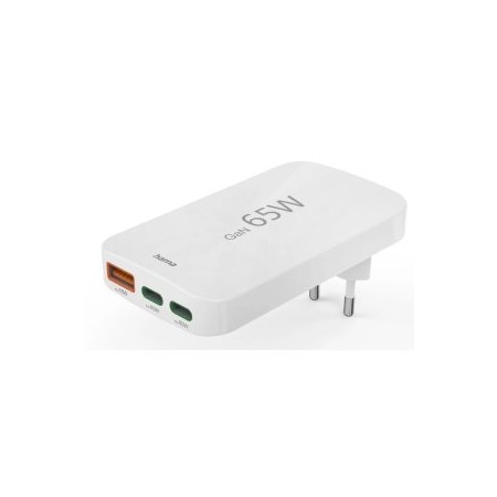 CARGADOR DE PARED HAMA 65W PLEGABLE 2xUSB-C PD 1xUSB-A MINICARGADOR COLOR BLANCO