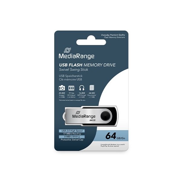 PENDRIVE 64GB USB 2.0 MEDIARANGE SILVER-BLACK