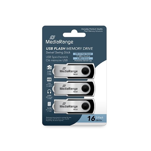 PENDRIVE 16GB USB 2.0 MEDIARANGE 3 PACK