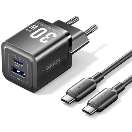 Cargador de Pared GaN Vention TZ-FEQB0-EU-01/ 1xUSB Tipo-C/ 1xUSB + Cable USB Tipo-C/ 30W