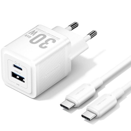 Cargador de Pared GaN Vention TZ-FEQW0-EU-01/ 1xUSB Tipo-C/ 1xUSB + Cable USB Tipo-C/ 30W