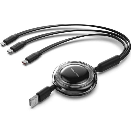Cable USB Retráctil Vention TRJBBE/ USB Macho - Lightning/ 2xUSB Tipo-C/ Hasta 17.5W/ 10Gbps/ 1.1m/ Negro