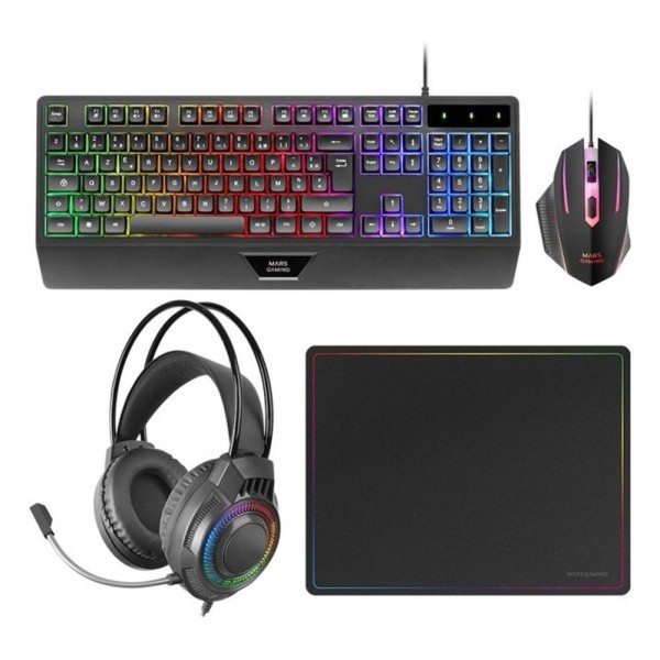 Kit teclado + raton mars gaming mcp124profr rgb negro + auriculares y alfombrilla frances