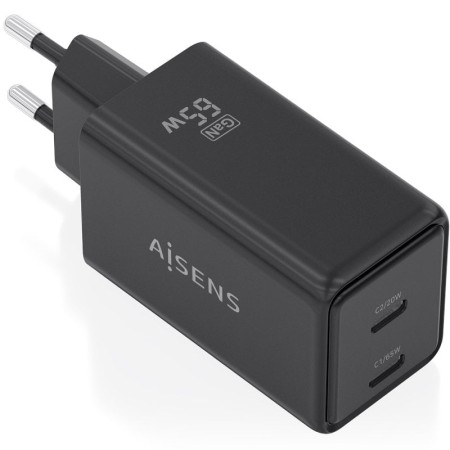 Cargador de Pared GaN Aisens ASCH-65W2P079-BK/ 2xUSB Tipo-C/ 65W/ Negro