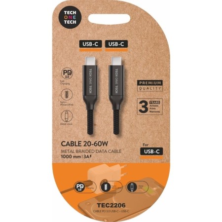 Cable USB 2.0 Tipo-C Tech One Tech TEC2206/ USB Tipo-C Macho - USB Tipo-C Macho/ Hasta 60W/ 480Mbps/ 1m/ Negro