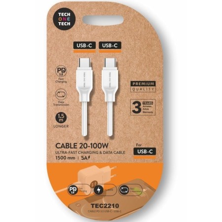Cable USB 2.0 Tipo-C Tech One Tech TEC2210/ USB Tipo-C Macho - USB Tipo-C Macho/ Hasta 100W/ 480Mbps/ 1.5m/ Blanco