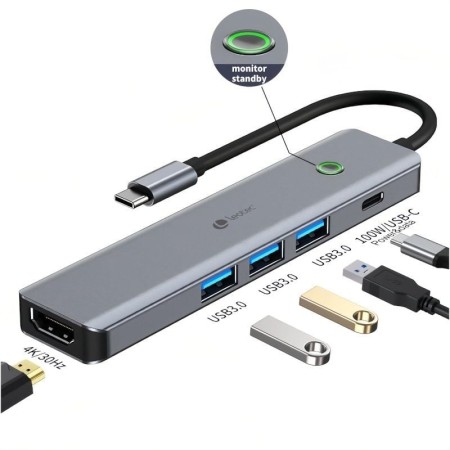 Docking USB Tipo-C Leotec LEDS05/ 3xUSB/ 1xUSB Tipo-C PD/ 1xHDMI 4K/ Gris