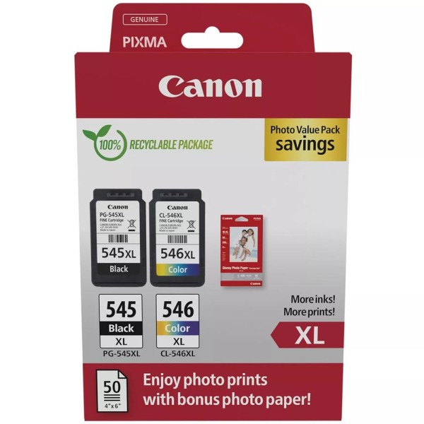 Multipack tinta canon pg - 545xl - cl - 546xl + papel 50 hojas