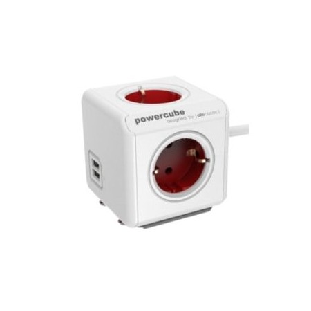 POWERCUBE ORIGINAL 2 USB + 4 TOMAS CORRIENTE 1.5m cable + soporte. REGLETA COLOR WHITE/RED