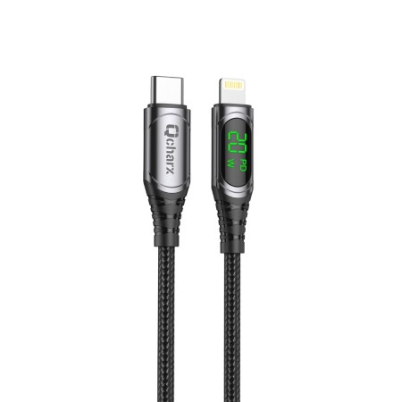 Cable qcharx mallorca tipo c a lightning 3a 20w - 1 m - aleación aluminio negro cable tela digital display