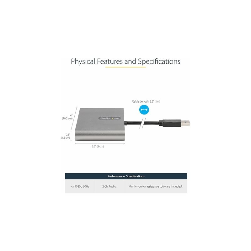 Adaptador usb 3.0 a 4x hdmi startech 1m - macho - hembra - gris