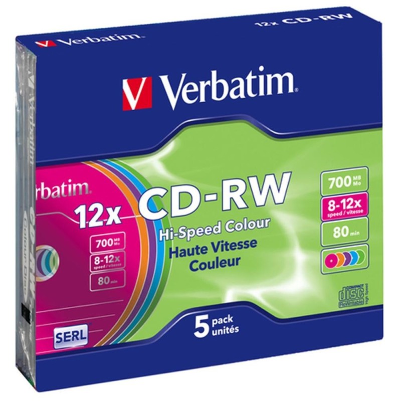 Verbatim cd - rw 700mb 8x - 10x tarrina 5 unidades slim colores