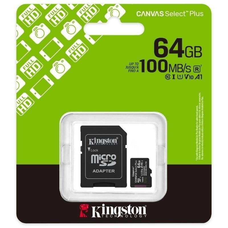 Tarjeta de Memoria Kingston CANVAS Select Plus 64GB microSD XC con Adaptador/ Clase 10/ 100MBs