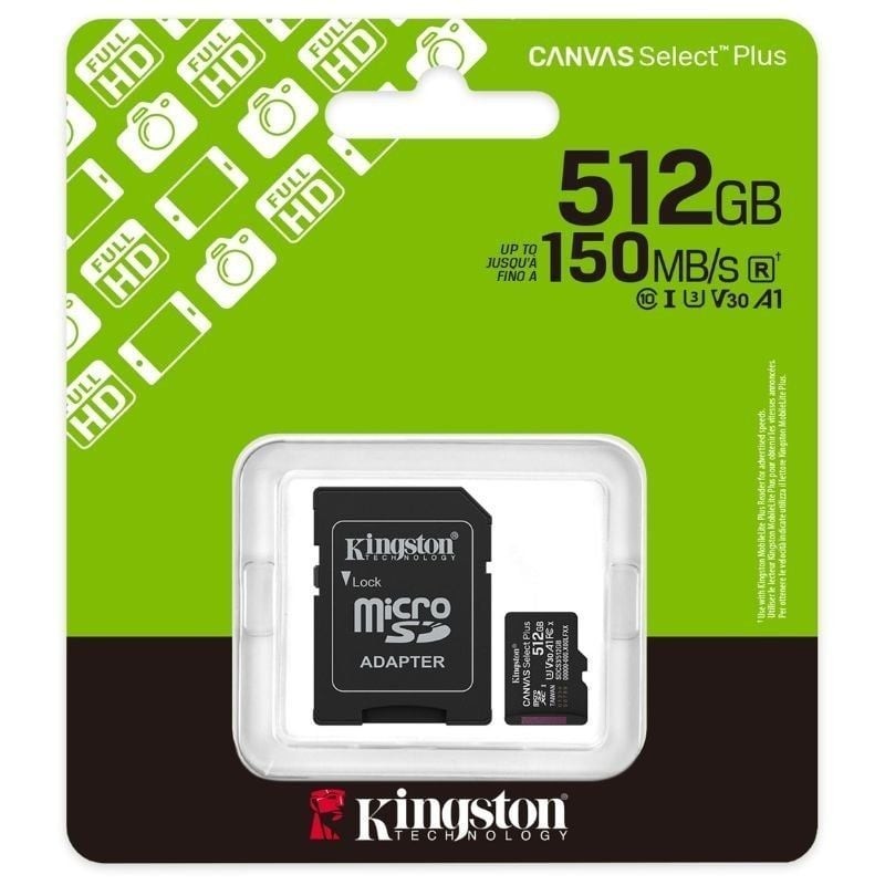 Tarjeta memoria micro secure digital sdxc 512gb kingston canvas select plus clase 10 uhs - 1 + adaptador sd