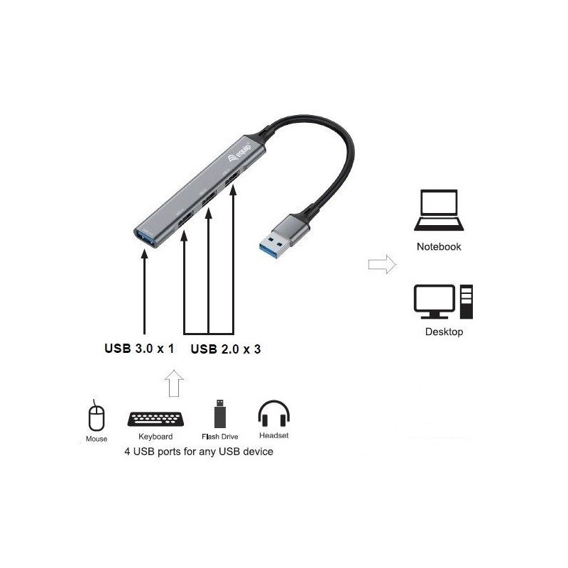 Hub usb equip life 1 x usb 3.0 - 3 x usb 2.0 - aluminio
