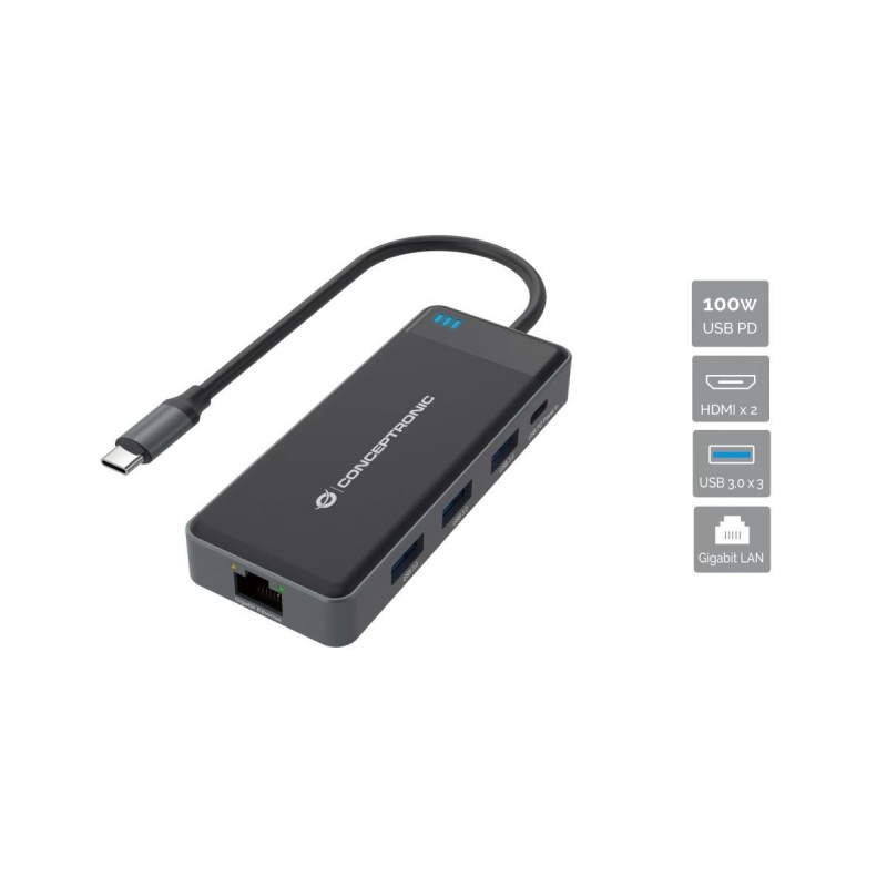 Adaptador conceptronic usb tipo c a gigabit ethernet rj45 - con hub usb 3.2 3 puertos - usb tipo c