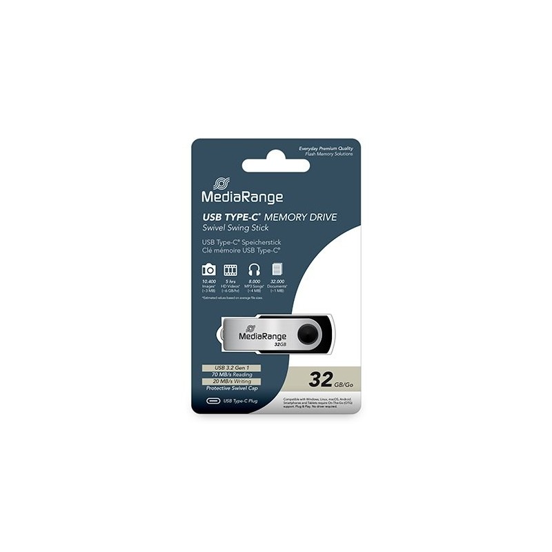 PENDRIVE 32GB USB-C 3.2 MEDIARANGE SILVER-BLACK
