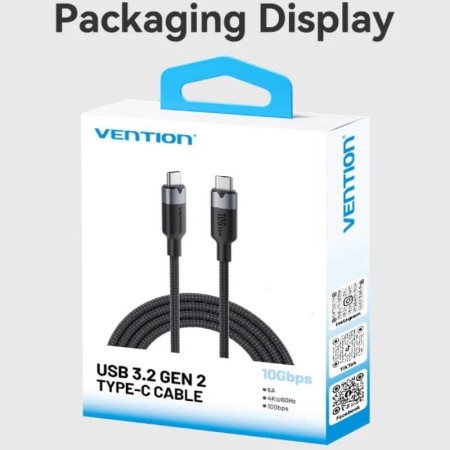 Cable USB 3.2 Tipo-C 5A Vention TRGWF/ USB Tipo-C Macho - USB Tipo-C Macho/ Hasta 100W/ 10Gbps/ 1m/ Blanco