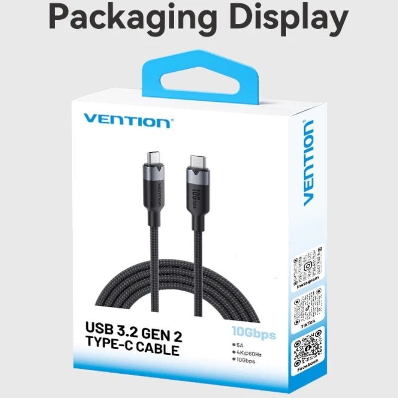 Cable USB 3.2 Tipo-C 5A Vention TRGWF/ USB Tipo-C Macho - USB Tipo-C Macho/ Hasta 100W/ 10Gbps/ 1m/ Blanco