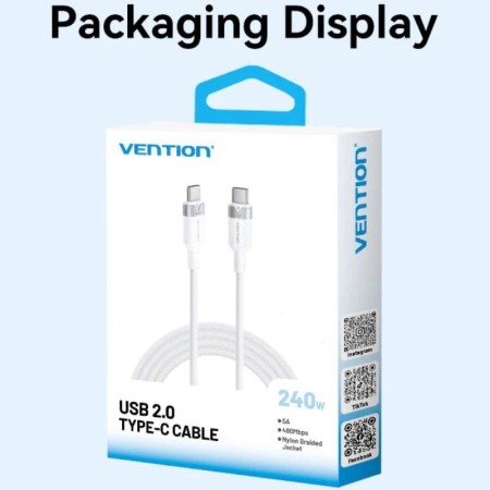 Cable USB 2.0 Tipo-C 5A Vention TRIPH/ USB Tipo-C Macho - USB Tipo-C Macho/ Hasta 240W/ 480Mbps/ 2m/ Rosa