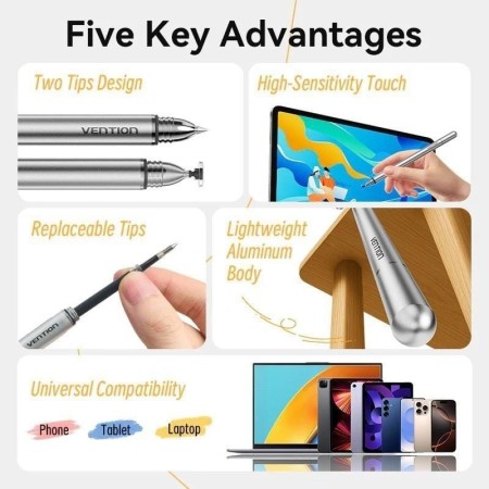 Lápiz Óptico Vention KQMH0/ para Android y Apple/ Aluminio Gris