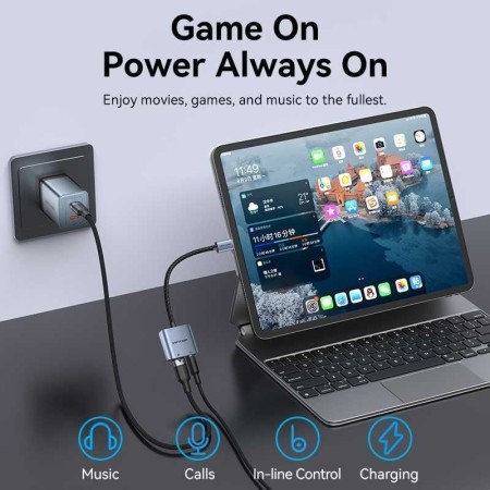 Adaptador Audio Vention BIGHA/ USB Tipo-C Macho - Jack 3.5 Hembra/ USB Tipo-C PD Hembra/ Gris