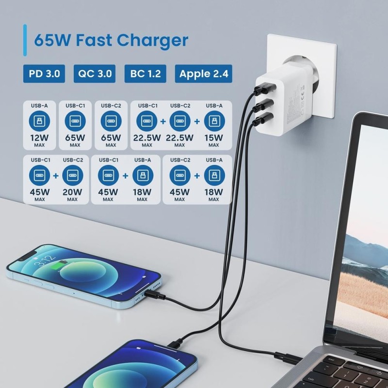 EWENT Cargador carga rapido 65w usb-c y usb-a