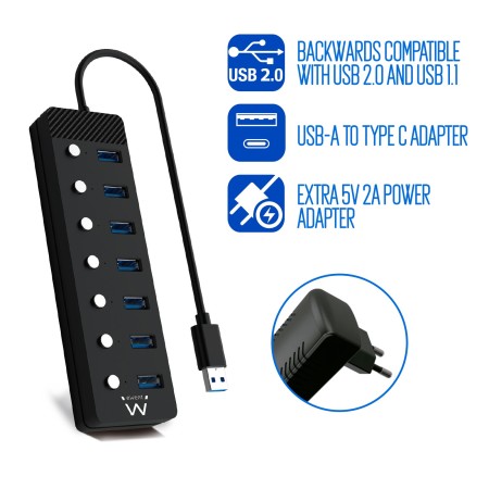 EWENT Hub usb-usb-c 7 ptos interruptor c/alimen.