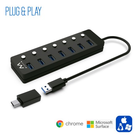 EWENT Hub usb-usb-c 7 ptos interruptor c/alimen.