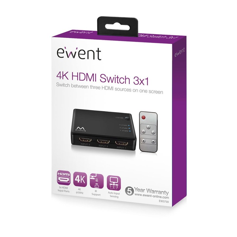 EWENT EW3730 Switch HDMI 4K 3x1con mando distancia