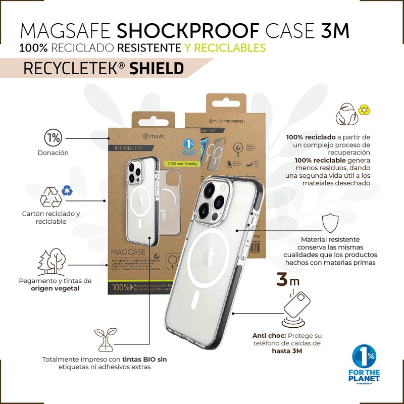 Funda muvit recycletek magsafe shockproof 3m para apple iphone 14 pro transparente - negra