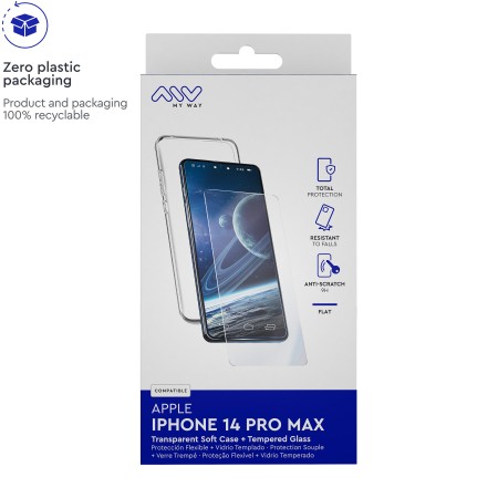 Carcasa myway para apple iphone 14 pro max transparente + protector pantalla cristal templado