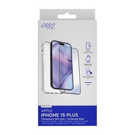 Carcasa myway para apple iphone 15 plus transparente + protector pantalla cristal templado