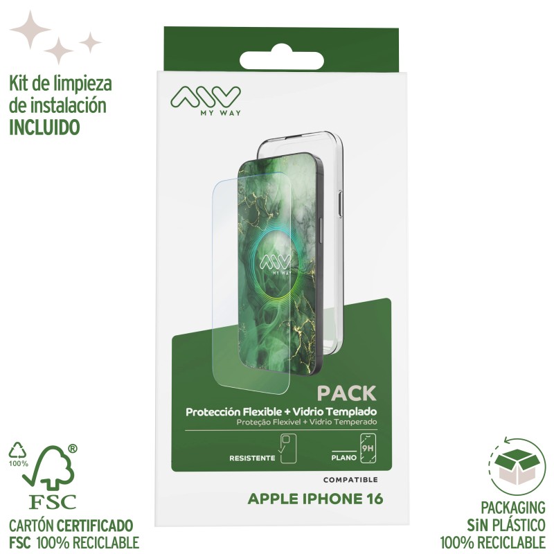 Carcasa myway para apple iphone 16 transparente + protector pantalla cristal templado