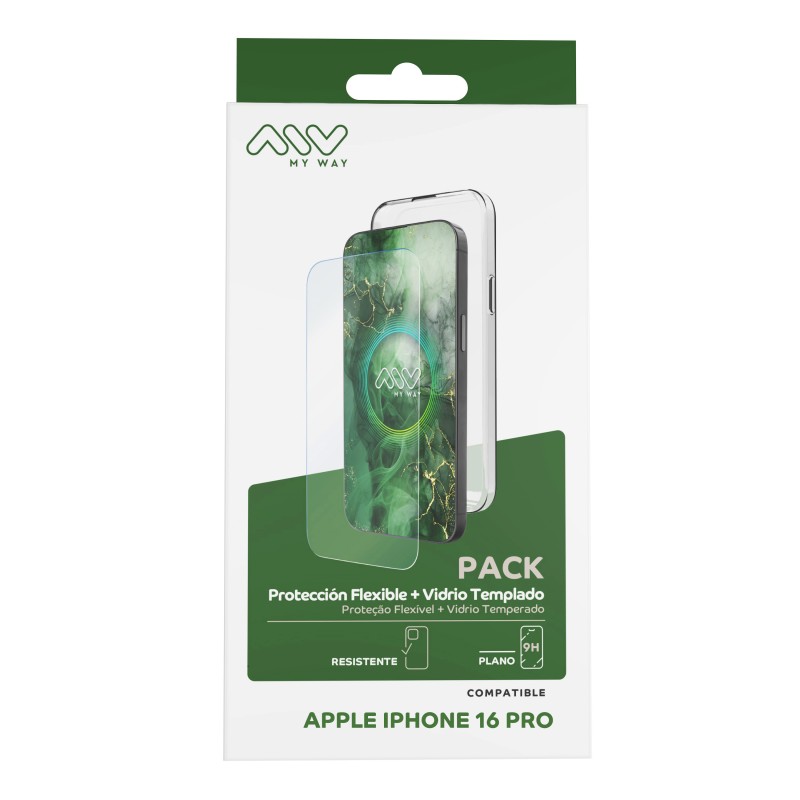 Carcasa myway para apple iphone 16 pro transparente + protector pantalla cristal templado