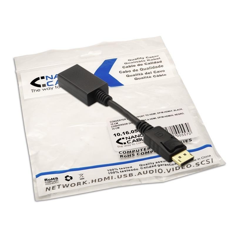 Adaptador displayport a hdmi nanocable macho - hembra 15cm negro