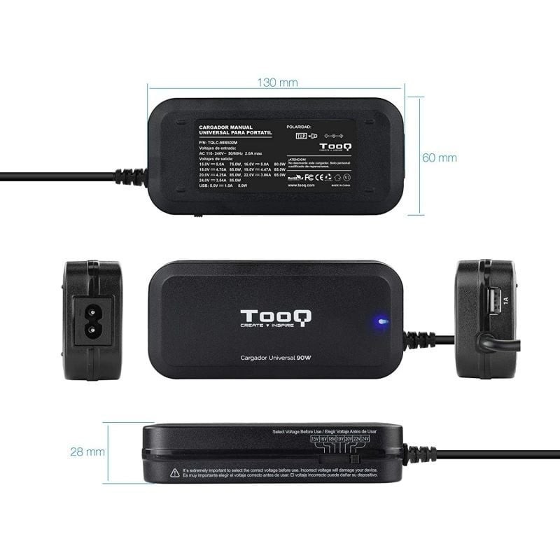 Cargador de Portátil TooQ TQLC-90BS02M/ 1xUSB/ 90W/ Manual/ 12 Conectores/ Voltaje 15-24V