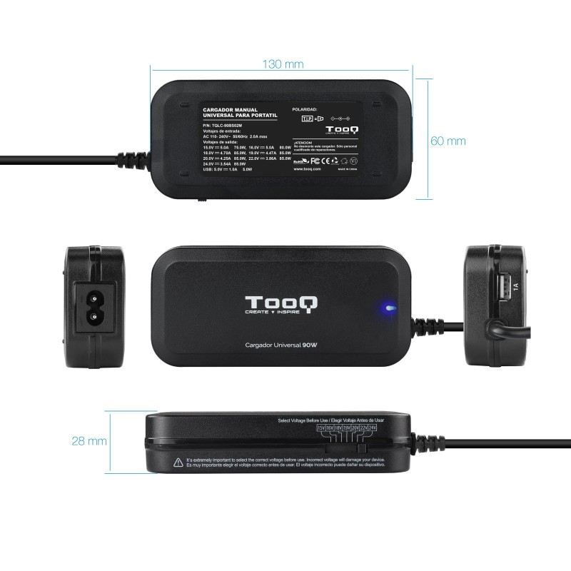 Cargador de Portátil TooQ TQLC-90BS02M/ 1xUSB/ 90W/ Manual/ 12 Conectores/ Voltaje 15-24V
