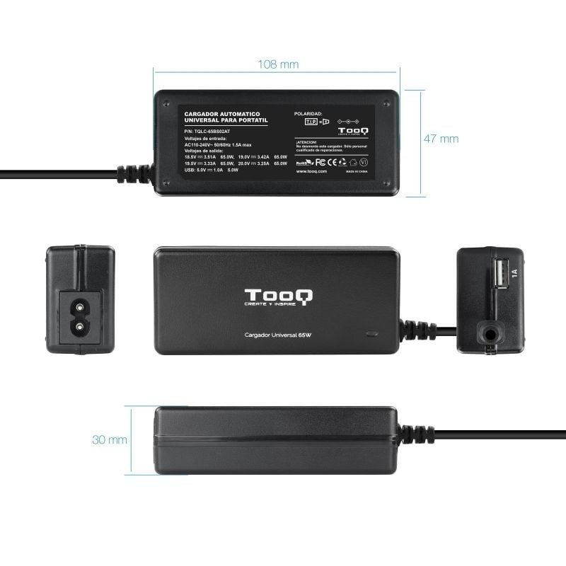 Cargador de Portátil TooQ TQLC-65BS02AT/ 65W/ 1xUSB/ Automático/ 8 Conectores/ Voltaje 18.5-20V/ 1 USB
