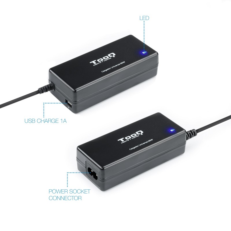 Cargador de Portátil TooQ TQLC-65BS02AT/ 65W/ 1xUSB/ Automático/ 8 Conectores/ Voltaje 18.5-20V/ 1 USB