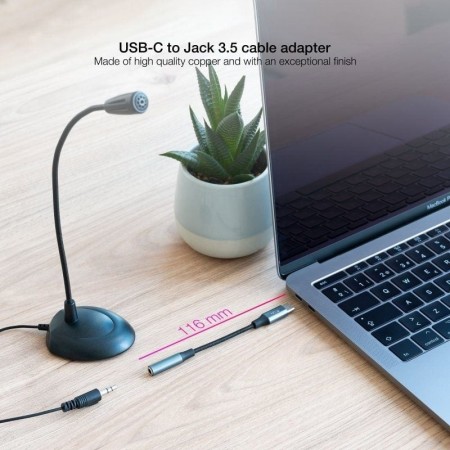 Cable adaptador usb c a jack 3.5mm nanocable 0.11m - macho - hembra - gris