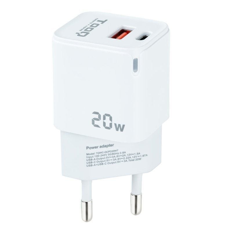 Tooq Cargador pared USB-C/PD+USB-A/QC 20W
