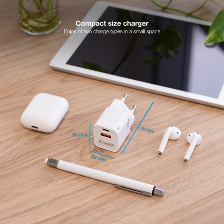 Tooq Cargador pared USB-C/PD+USB-A/QC 20W