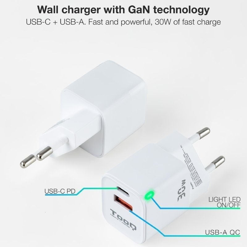 TOOQ Cargador pared GAN USB-C/USB-A 30W