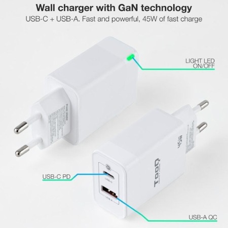 Tooq Cargador pared GAN USB-C/PD+USB-A/QC 45W