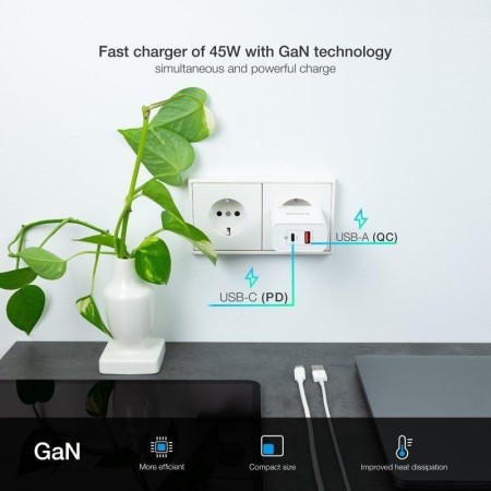 Tooq Cargador pared GAN USB-C/PD+USB-A/QC 45W