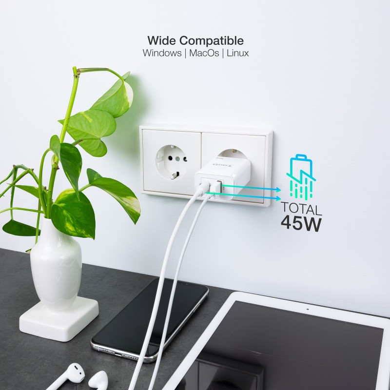 Tooq Cargador pared GAN USB-C/PD+USB-A/QC 45W