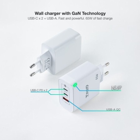 TOOQ Cargador pared GAN 2xUSB-C 1xUSB-A 45W+20W